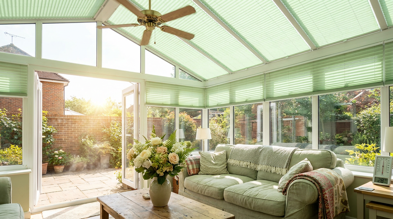 UK conservatory in summer with pleated thermal blinds drawn and ceiling fan