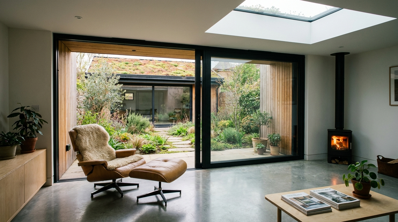 Contemporary UK garden room interior, Scandinavian minimal with sedum-green roof skylight
