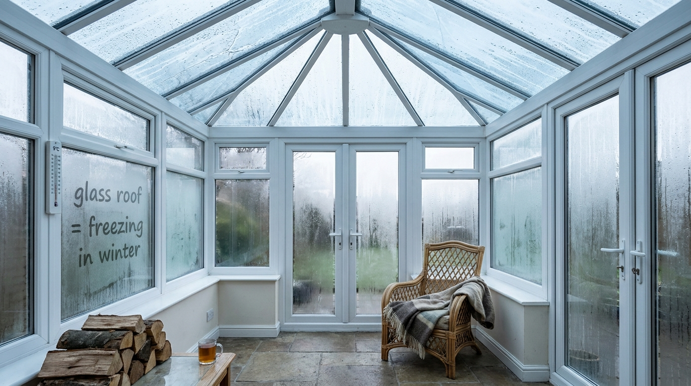 UK Victorian-style glass-roof conservatory in winter showing condensation and cold interior