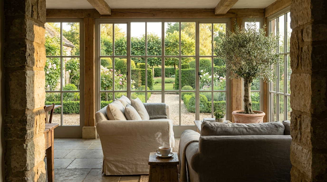 Inside a loggia conservatory looking out through floor-to-ceiling glazing toward an English garden