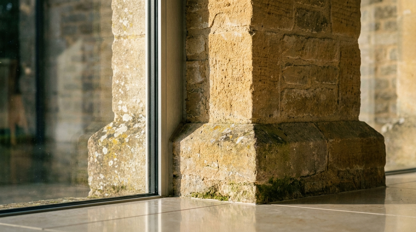 Architectural detail of a Cotswold-stone column meeting glass on a loggia conservatory