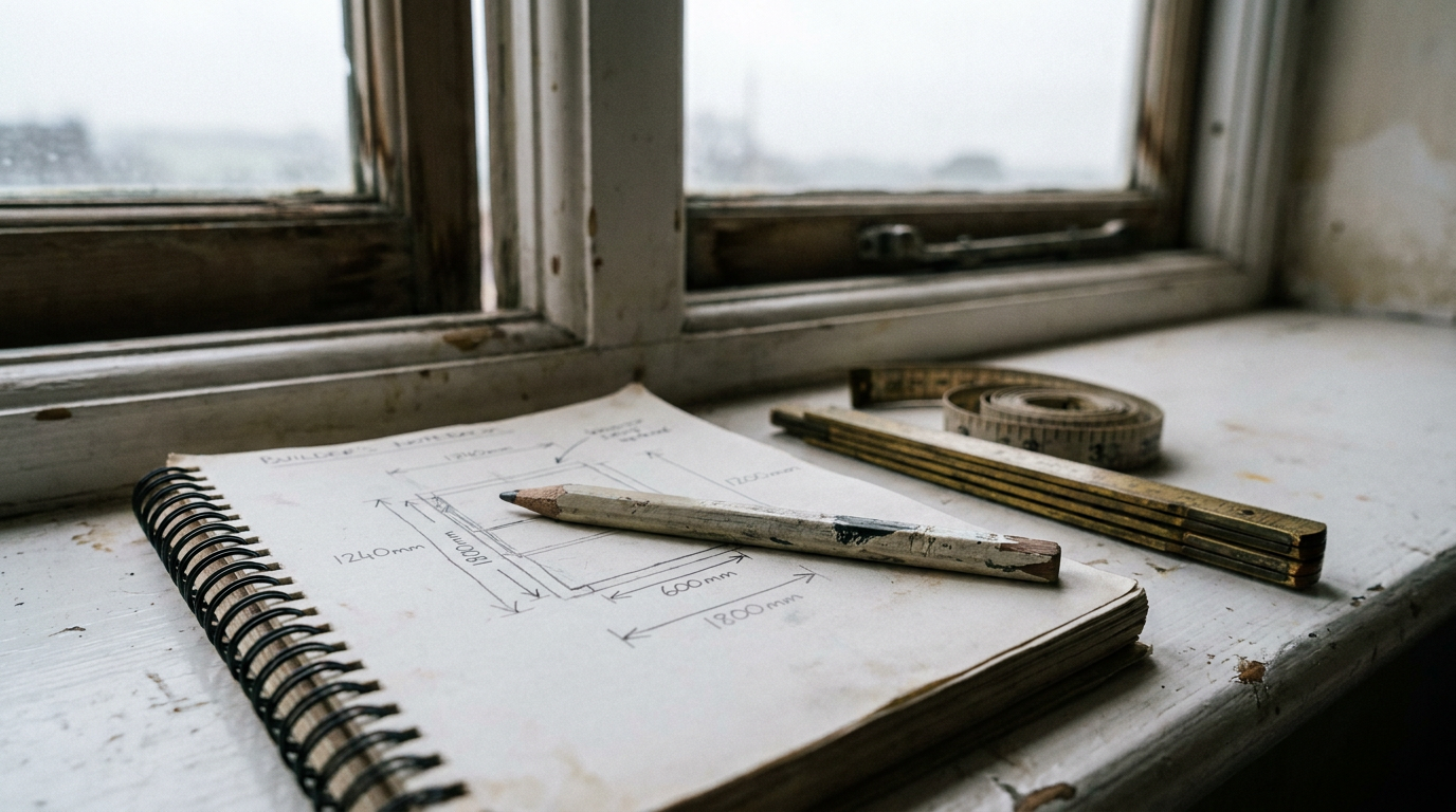 Builders notebook on a painted timber sill showing pencilled window measurements