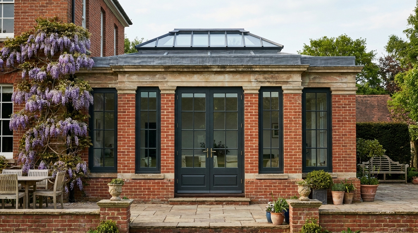 UK brick-built orangery extension with stone copings, French doors and wisteria