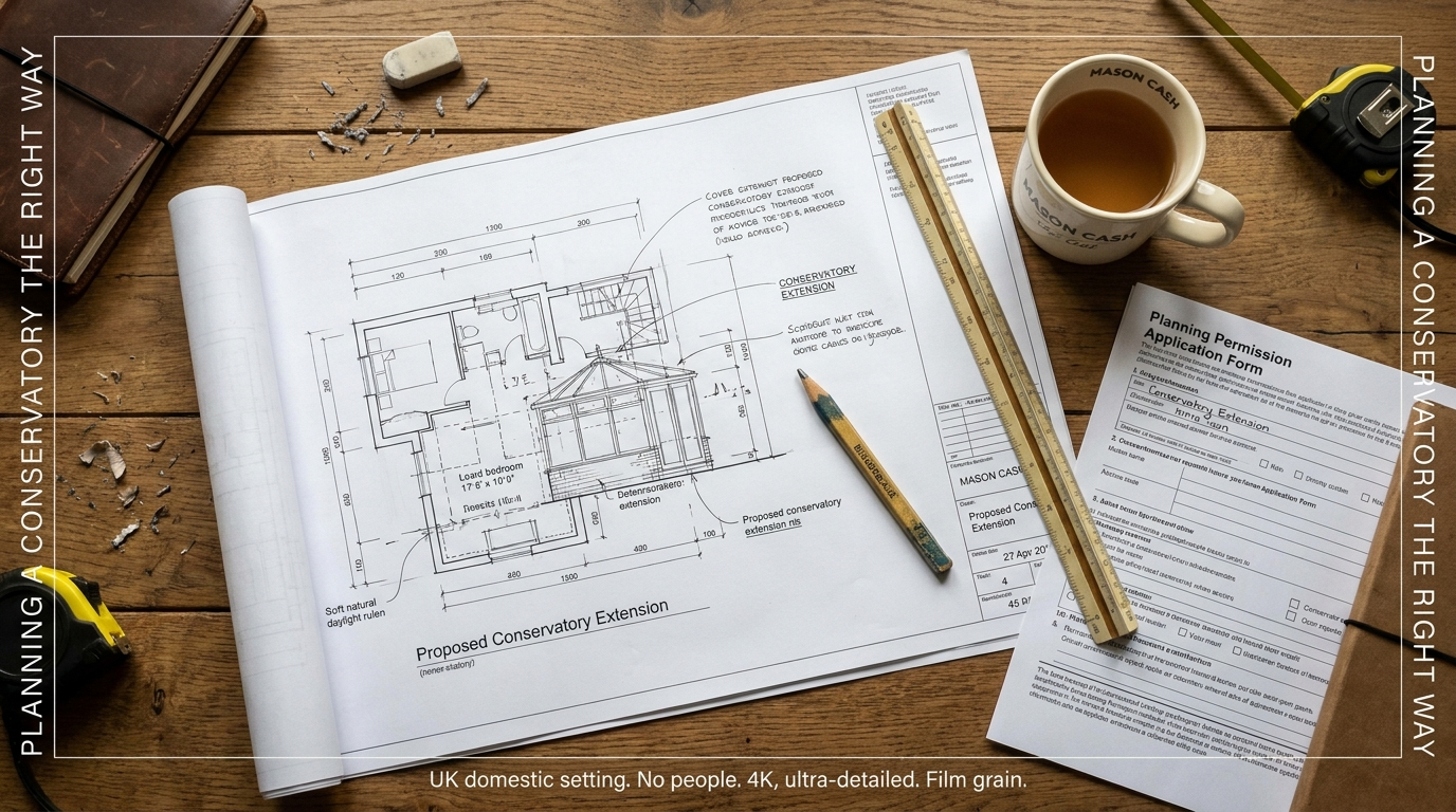 Architects drawings for a conservatory extension with UK planning permission form