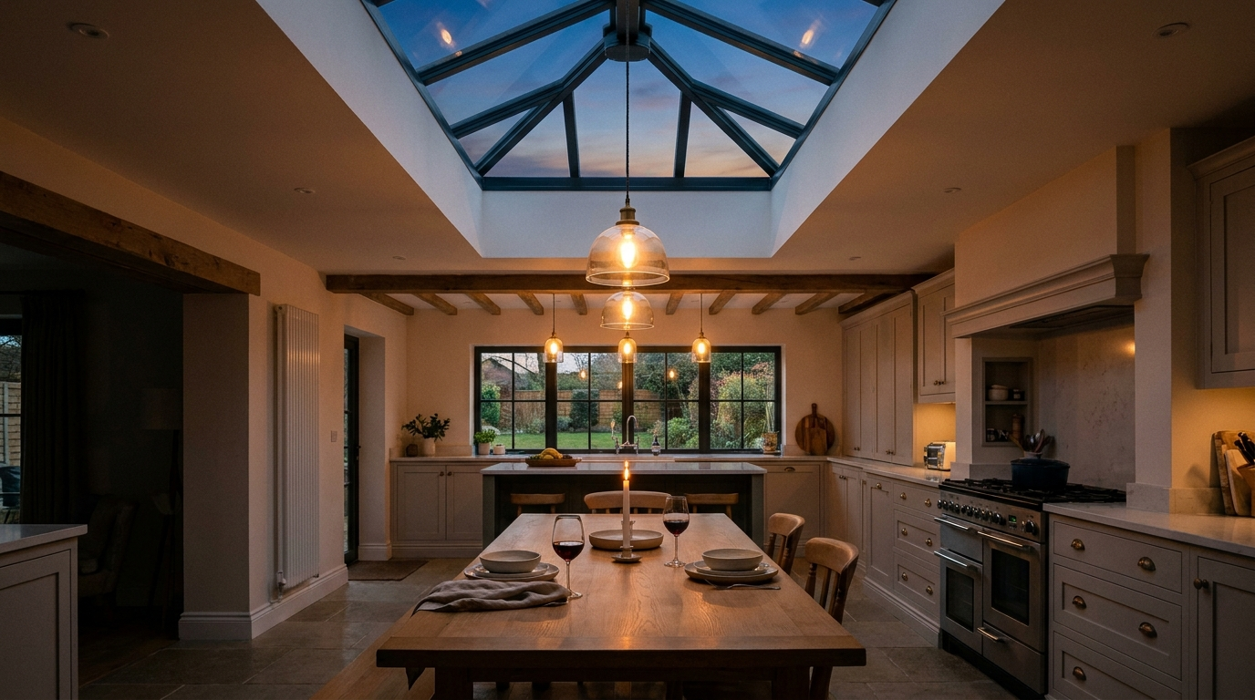 Kitchen-diner at dusk lit by a large overhead roof lantern with set table