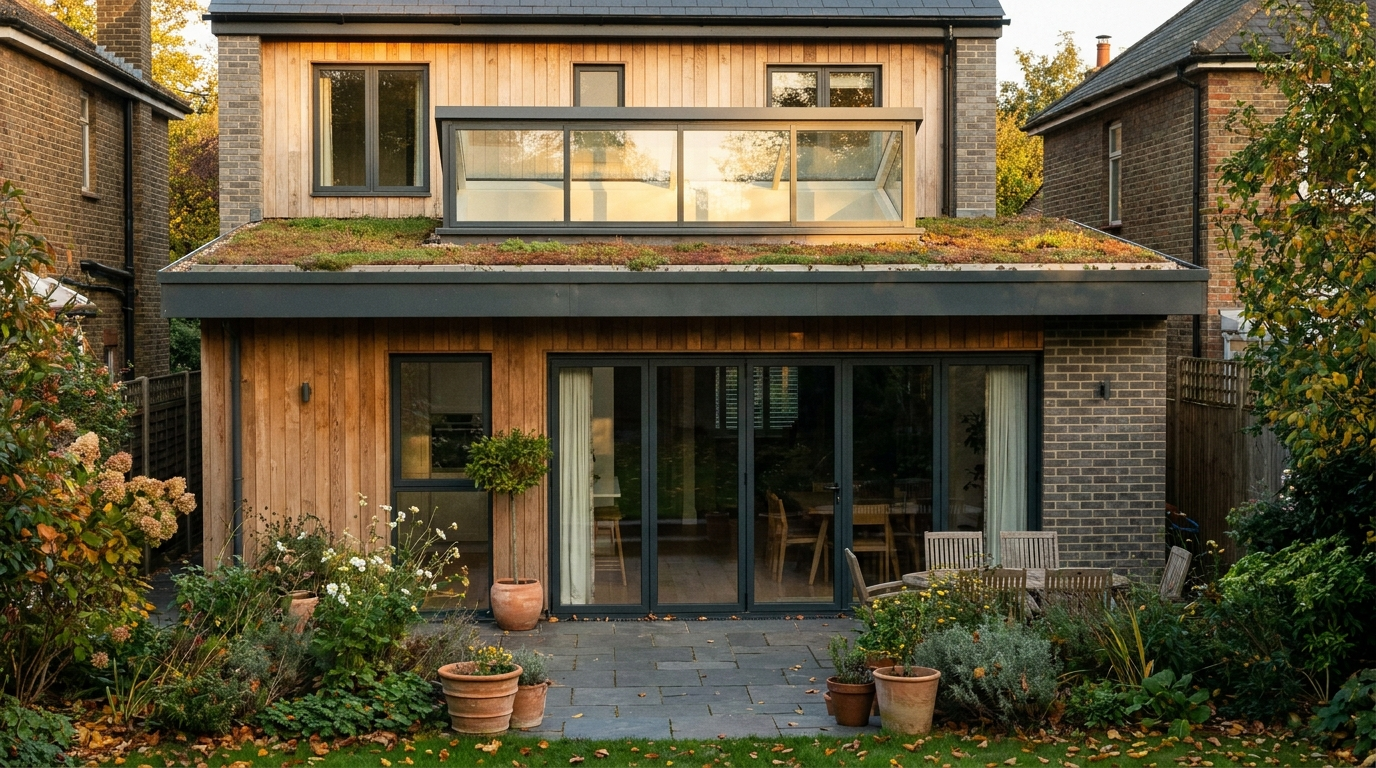 Roof lantern viewed from the garden on a contemporary UK kitchen extension