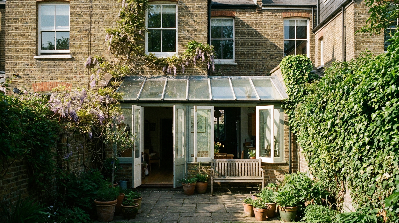 Side-return conservatory tucked between a Victorian terrace and the boundary wall