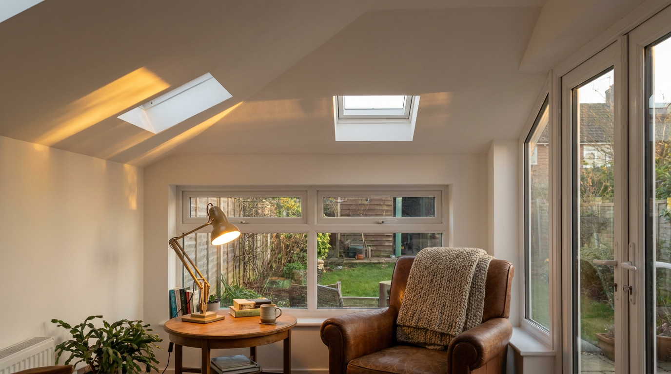 Interior of a conservatory after solid roof replacement, warm and cosy with two small rooflights