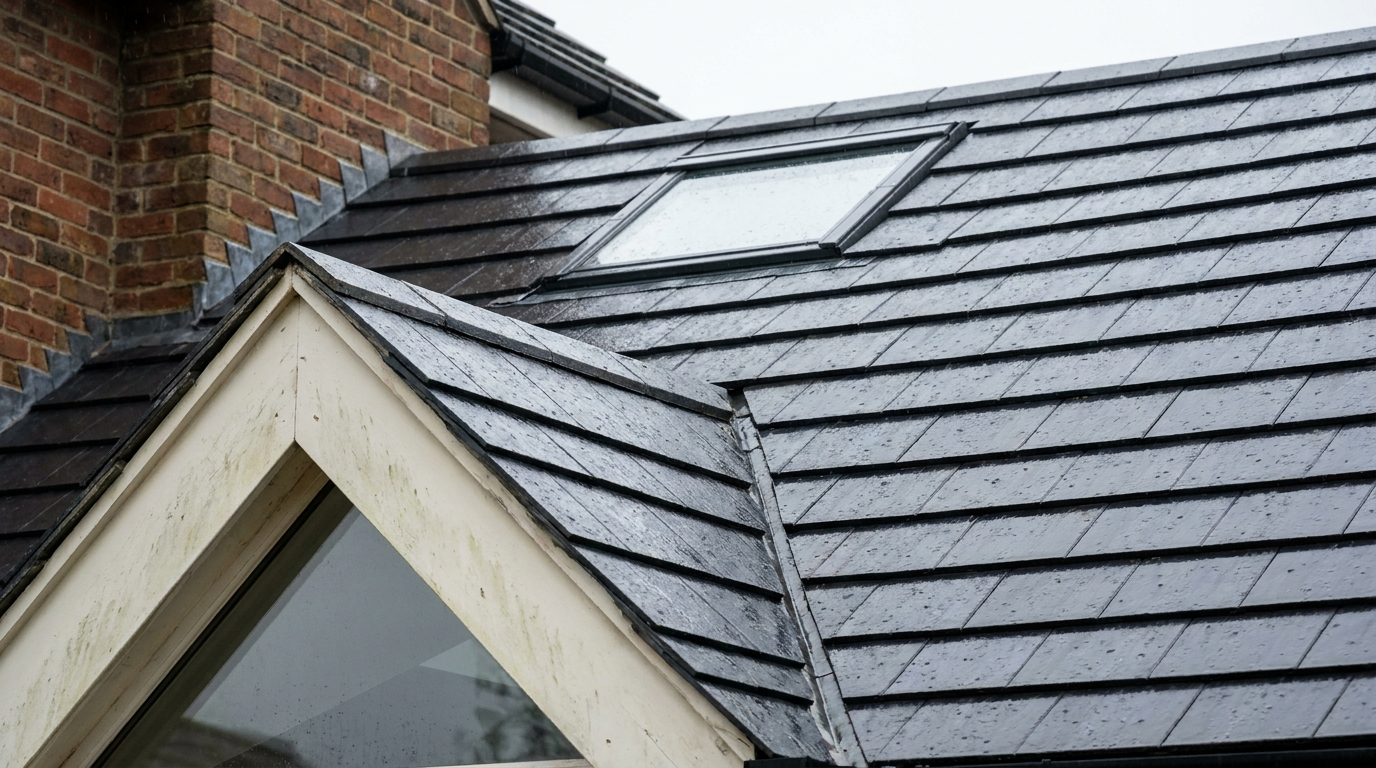 Close-up of slate-grey lightweight tiles on a UK solid conservatory roof