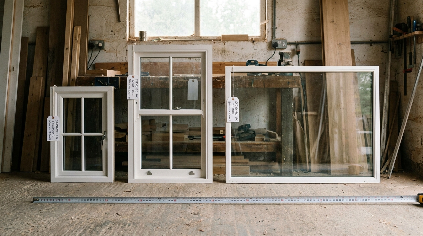 Three UK window types of different sizes lined up, casement, sash and fixed picture window