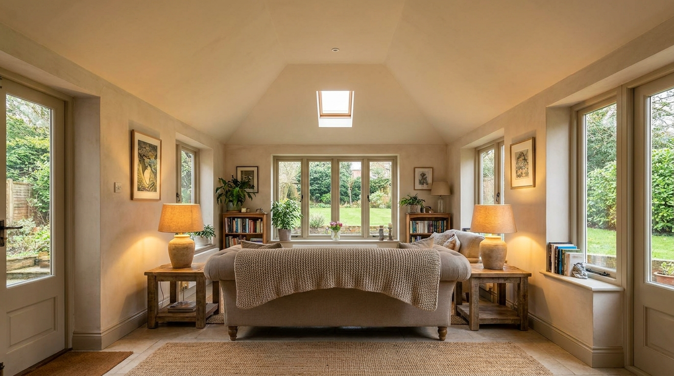 Interior of a UK conservatory with a fully tiled solid insulated roof