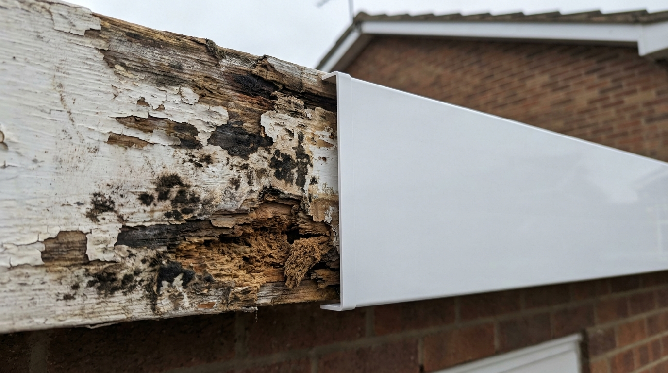 Damaged timber fascia with wet rot next to freshly installed white uPVC replacement