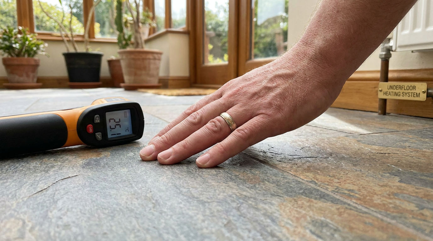 Underfloor heating in action, hand on warm porcelain tile with thermometer <a href=
